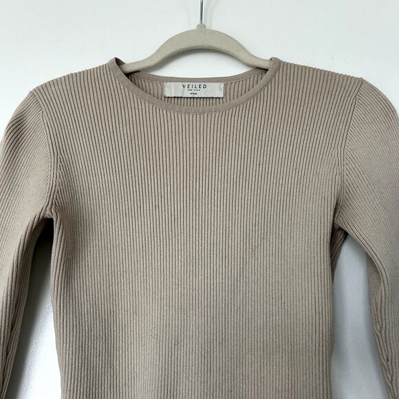 EUC Veiled New York Ribbed Knit Long Sleeve Bodysuit Beige Neutral | Size Medium - Picture 2 of 15